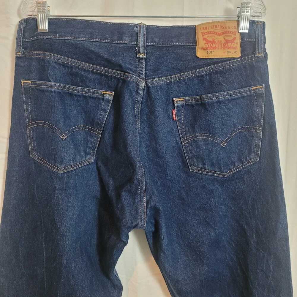 Levis 501 Original Fit Dark Wash Indigo Straight Leg Jeans Mens 36x40 Distressed